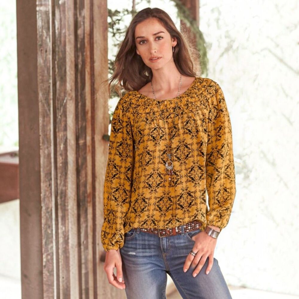 Sundance Anne Silk Peasant Blouse Mustard Gold Damask Size L Boho